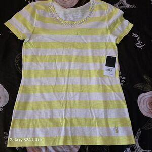 Juicy Couture Short Sleeve Top With Gem Accents Size XSmall Yellow & White New